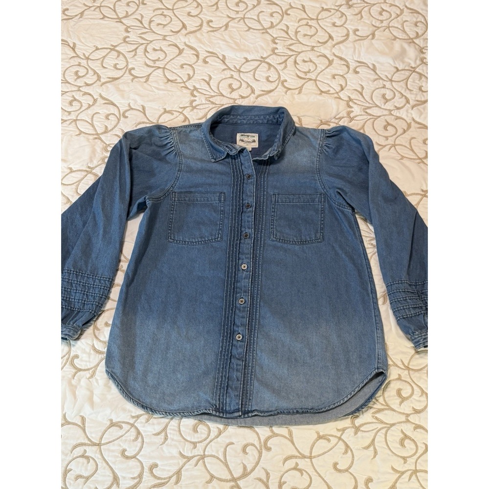 American Eagle Outfitters Denim Chambray Button Shirt Womens Medium Puff Sleeve
